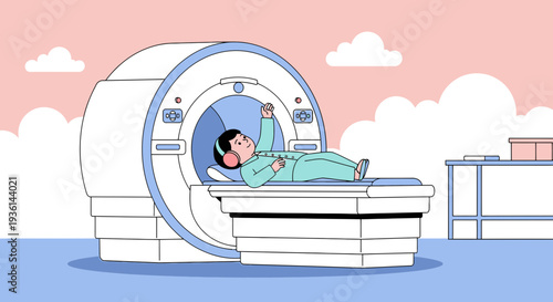 Child with headphones in MRI machine, calm and relaxed during medical scan