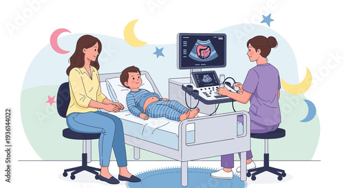 Child Undergoing Ultrasound Examination with Mother and Radiologist in Clinic