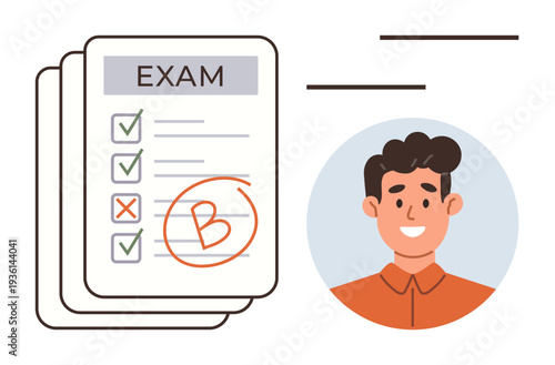 Education, grading, learning outcomes, student performance, academic evaluation, self-assessment. A graded exam sheet with a B grade and student portrait. Education and grading concept