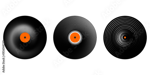 Set of vinyl records. LP or long play music plates for gramophone isolated on white background. DJ discs for techno party. 70s 80s 90s discotheque nostalgia concept. Vector flat illustration.