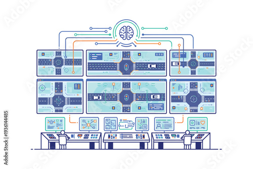 Futuristic server room with blue neon lighting and complex network infrastructure in digital illustration for technology background