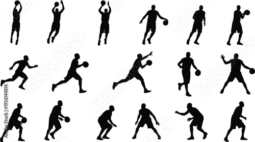 Basketball player silhouette collection with dribbling shooting defending and running poses, isolated sports action set on white background