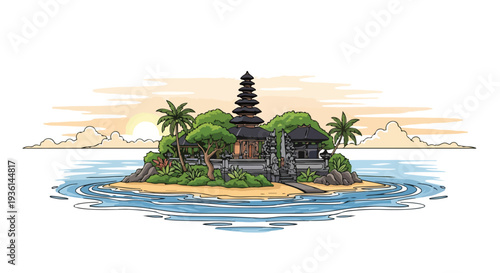 Temple on Island with Palm Trees.