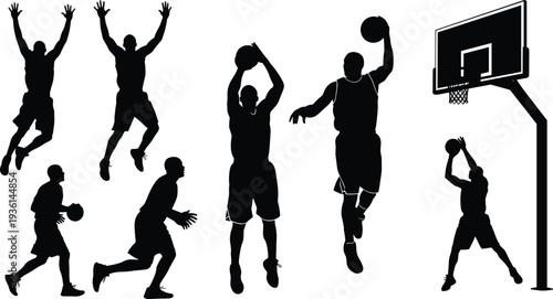 Basketball player silhouette collection, jumping shooting dunking actions, dynamic sports movement, black and white vector illustration set, athlete gameplay poses
