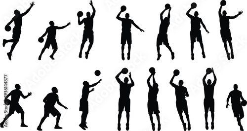 Basketball player silhouette set showing dribbling shooting and jumping poses, isolated sports action collection on white background vector illustration