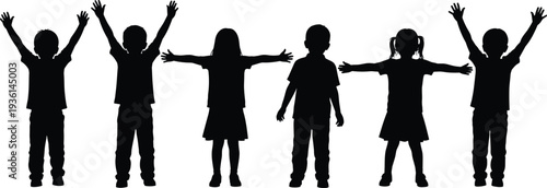 Children, silhouette, kids, standing, arms, raised, happy, playful, group, childhood, joy, black, figures, isolated, white, background, fun, activity, people, illustration