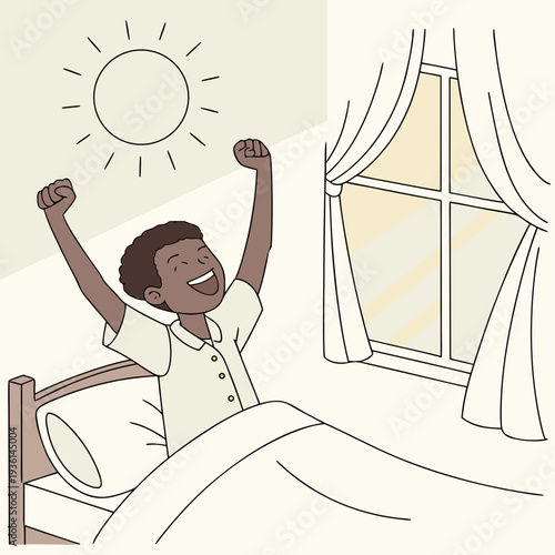 A person waking up refreshed on a bright sunny morning next to an open window.