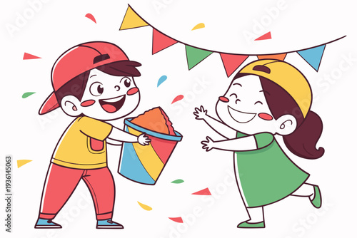 Children joyfully exchanging gifts during a celebration with colorful decorations.