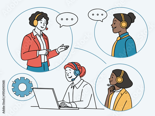 Diverse group collaborating through virtual and in-person communication methods