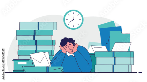 Person sits with their head in their hands at a desk between two massive stacks of light blue folders while a clock hangs on the wall behind.
