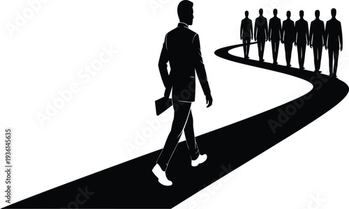Businessman walking alone on a winding path ahead of a group of people in a suit with briefcase