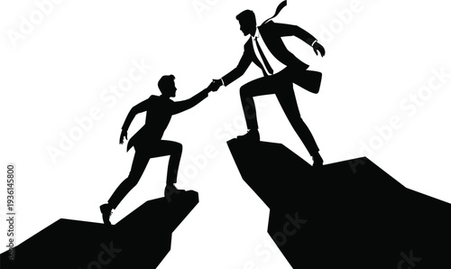 Two businessmen helping each other to reach the top of a mountain with a briefcase and tie