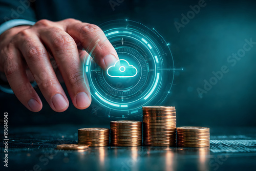 Hand Touching Secure Cloud Icon Above Coin Stacks for Cloud Security Investment Concept