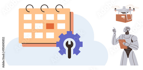Automation, logistics, artificial intelligence, technology integration, scheduling, supply chain solutions. Robot with clipboard, quadcopter carrying package gear calendar tool. Automation