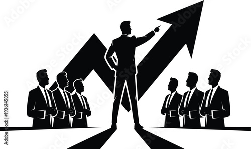 Businessman standing confidently in front of a large arrow with colleagues in the background