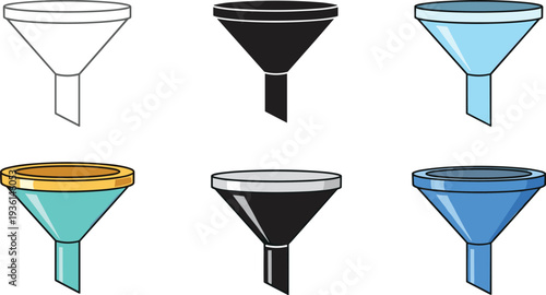 Professional funnel icon set featuring various colors and black line art styles for laboratory kitchen automotive and industrial liquid pouring isolated on white background.