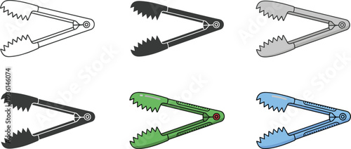 Professional kitchen tongs icon set featuring various colors and line art styles for cooking grilling and food service isolated on white background.