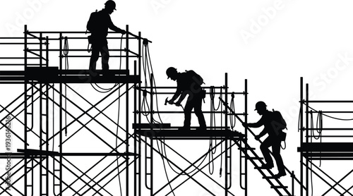 Construction workers silhouette on scaffolding, industrial builders working at height with safety harness and tools on structure framework