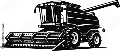 Detailed combine harvester silhouette, modern agricultural machine harvesting grain crops, heavy farm equipment vector illustration isolated on white background