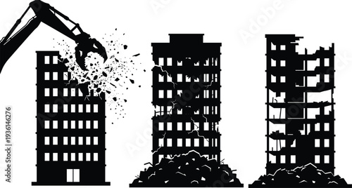 Excavator destroying residential building structure, urban demolition process with collapsing apartments and rubble debris illustration
