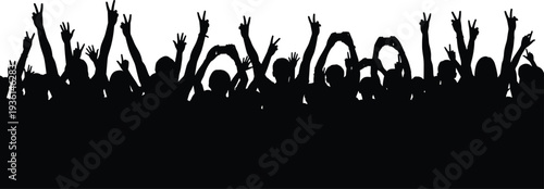 Excited Crowd Silhouette Vector Illustration, People Raising Hands at Music Concert Festival Celebration Event Background