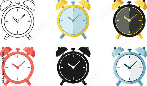 Retro alarm clock vector icon set featuring flat colorful and line art styles for time management morning routine schedule and wake up concepts.