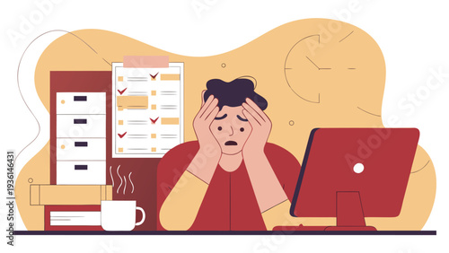 Stressed man at desk with computer, coffee, and filing cabinet.