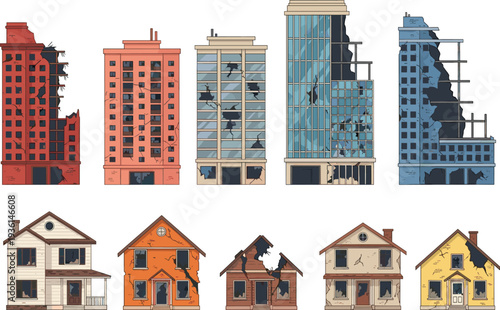 Set of ruined buildings and destroyed houses featuring damaged skyscrapers and broken residential homes for disaster zone war conflict or post apocalyptic scene concepts.