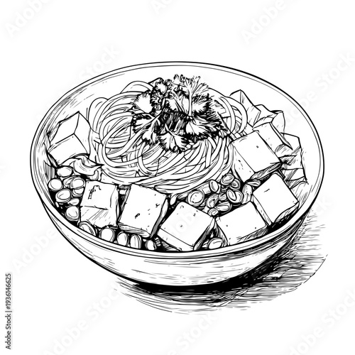Captivating hand-drawn illustration of a traditional Indonesian noodle dish, brimming with savory tofu and fresh herbs, perfect for culinary themes on adobe stock