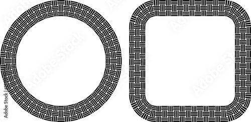 Monochrome frames with intricate basket weave patterns in circular and rounded square shapes