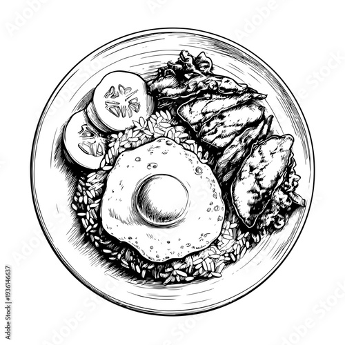 Adobe stock hand drawing illustration of delicious Indonesian Nasi Padang food in a plate