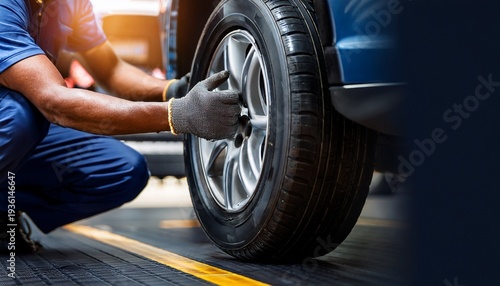 tire changing tyre repair car service shop background banner with copy space close up of auto mechanic hand on tire in automobile fixing garage