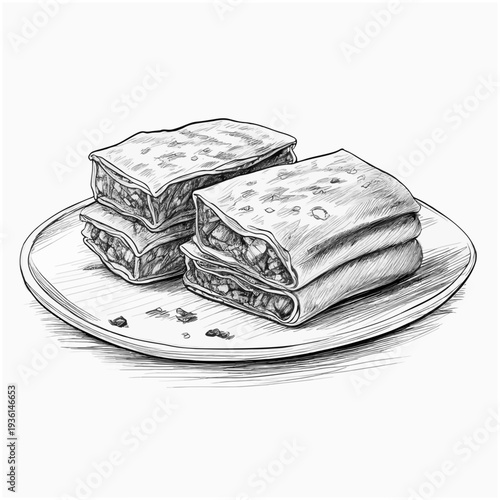 Hand-drawn sketch of traditional Indonesian savory pastries, a delicious stack of filled flatbreads perfect for culinary projects on adobe stock