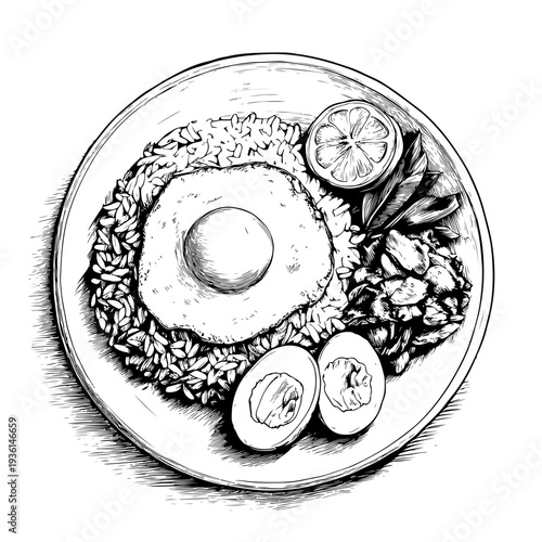 Authentic Indonesian fried rice meal, hand-drawn with fried eggs and lime, an appetizing graphic for diverse adobe stock culinary projects