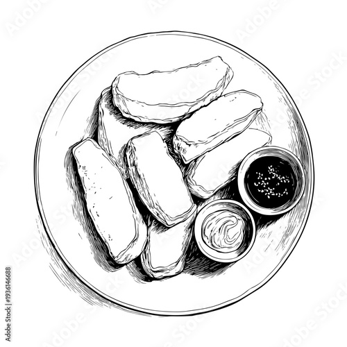 Hand-drawn illustration of crispy chicken nuggets and dipping sauces on a plate, perfect for food blogs and menus, available on adobe stock