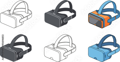 Virtual reality headset vector icon set featuring isometric designs in flat line art and colorful styles for gaming technology and metaverse concepts.
