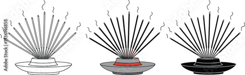 Aromatic incense sticks in holder set featuring colorful flat design and black line art illustrations for meditation spa and wellness concepts.