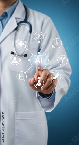 Doctor interacting with artificial intelligence medical interface on digital screen