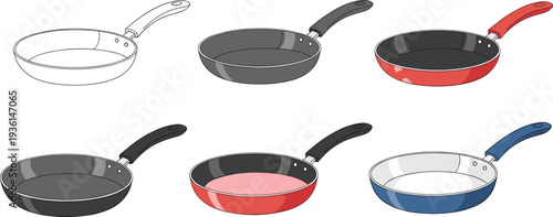 Collection of modern kitchen frying pans featuring non-stick surfaces and colorful handles in flat and 3D isometric vector styles.