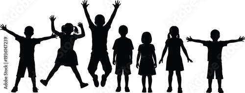 Children silhouettes collection showing happy kids jumping and standing with raised hands isolated on white background childhood activity illustration