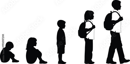 Child growth stages silhouettes from sitting baby to school student with backpack isolated on white background childhood development illustration