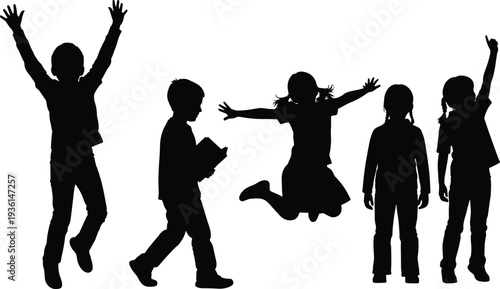 Children silhouettes collection showing kids jumping reading and standing poses isolated on white background childhood activity illustration set