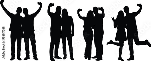 Couple and friends taking selfie silhouette set, smartphone photography, happy people capturing moments, social media lifestyle concept