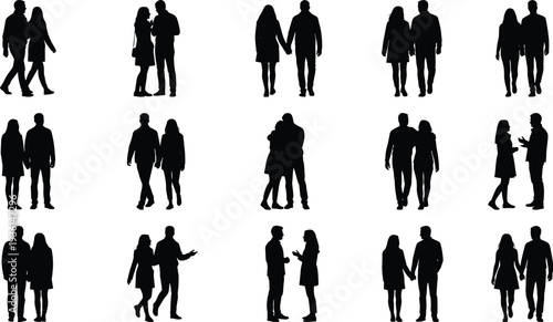 Couple walking silhouette set man woman relationship love people standing talking holding hands black vector illustration