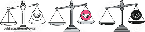 Justice scales icon set featuring handshake agreement symbol in various styles including colorful flat design line art and solid black silhouette versions.