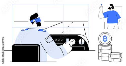 Cryptocurrency, virtual reality, blockchain, fintech, data monitoring, future technology. Person operating a VR system and Bitcoin icons. Virtual reality and cryptocurrency concept