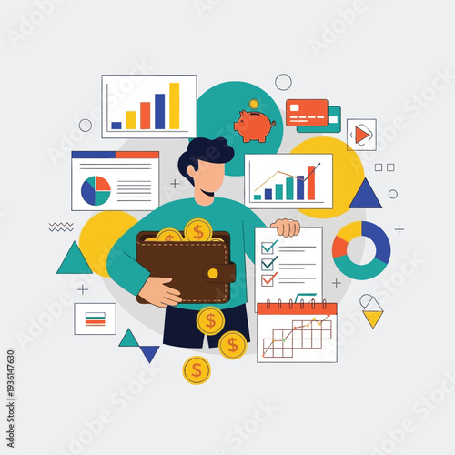 Financial Navigation: An illustrative depiction of financial management and planning, a person, with a wallet and monetary symbols, surrounded by elements representing banking, transactions.
