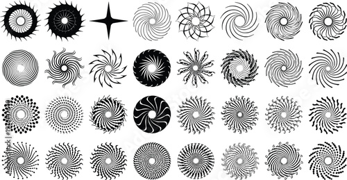 Mega set of abstract geometric radial spiral shapes sunburst mandalas and halftone circular ornaments for creative graphic design patterns and decorative background elements.