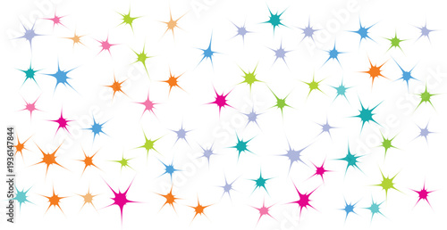 Scattered colorful starburst shapes on white background