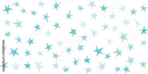 Scattered teal and light blue sketched stars on white background